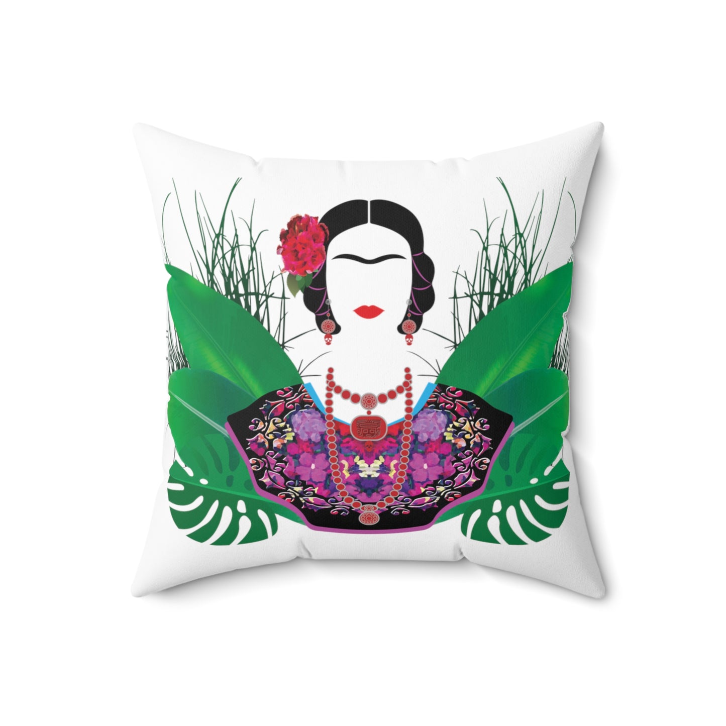 Frida with Plants White Print Square Pillow