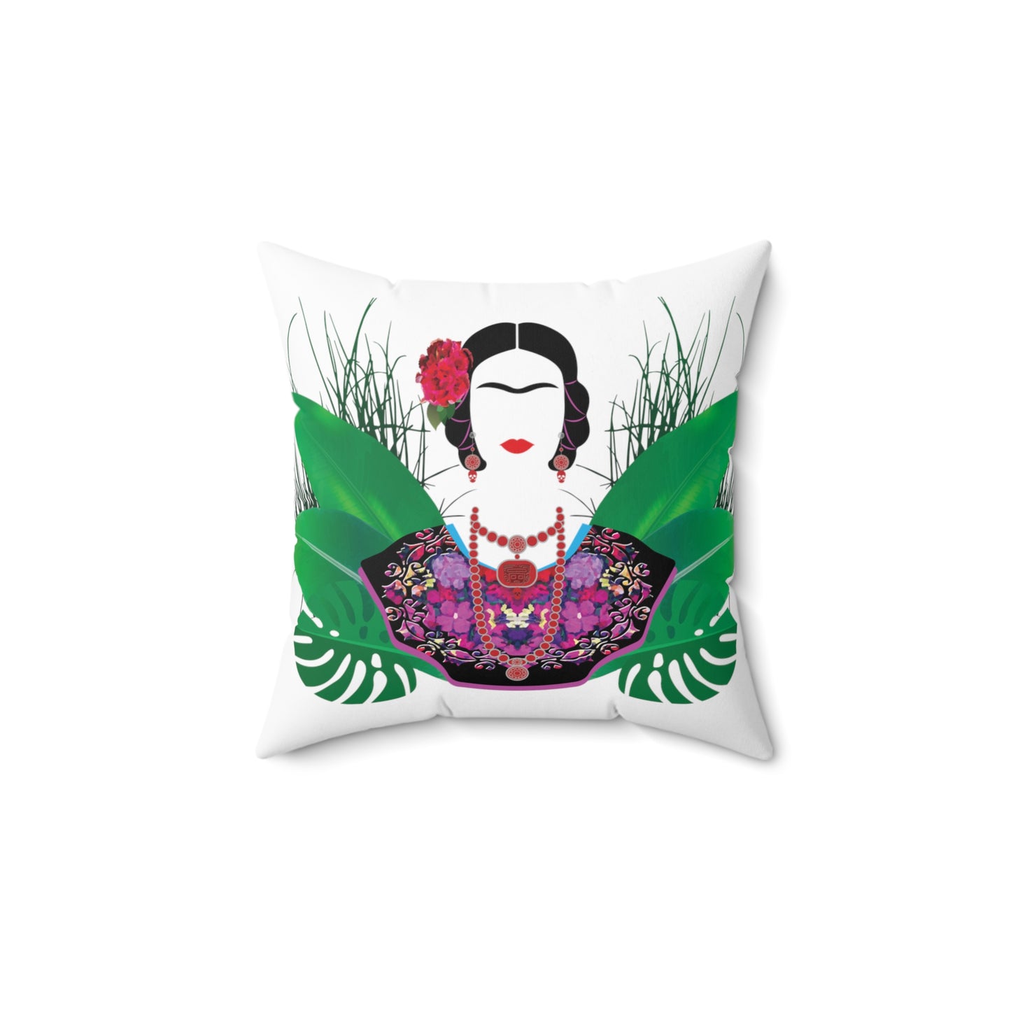 Frida with Plants White Print Square Pillow