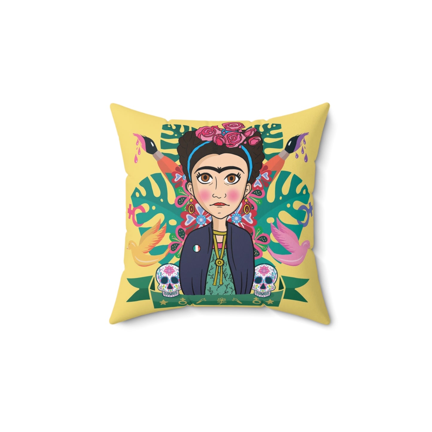 Yellow Cartoon Frida Kahlo Print Square Pillow