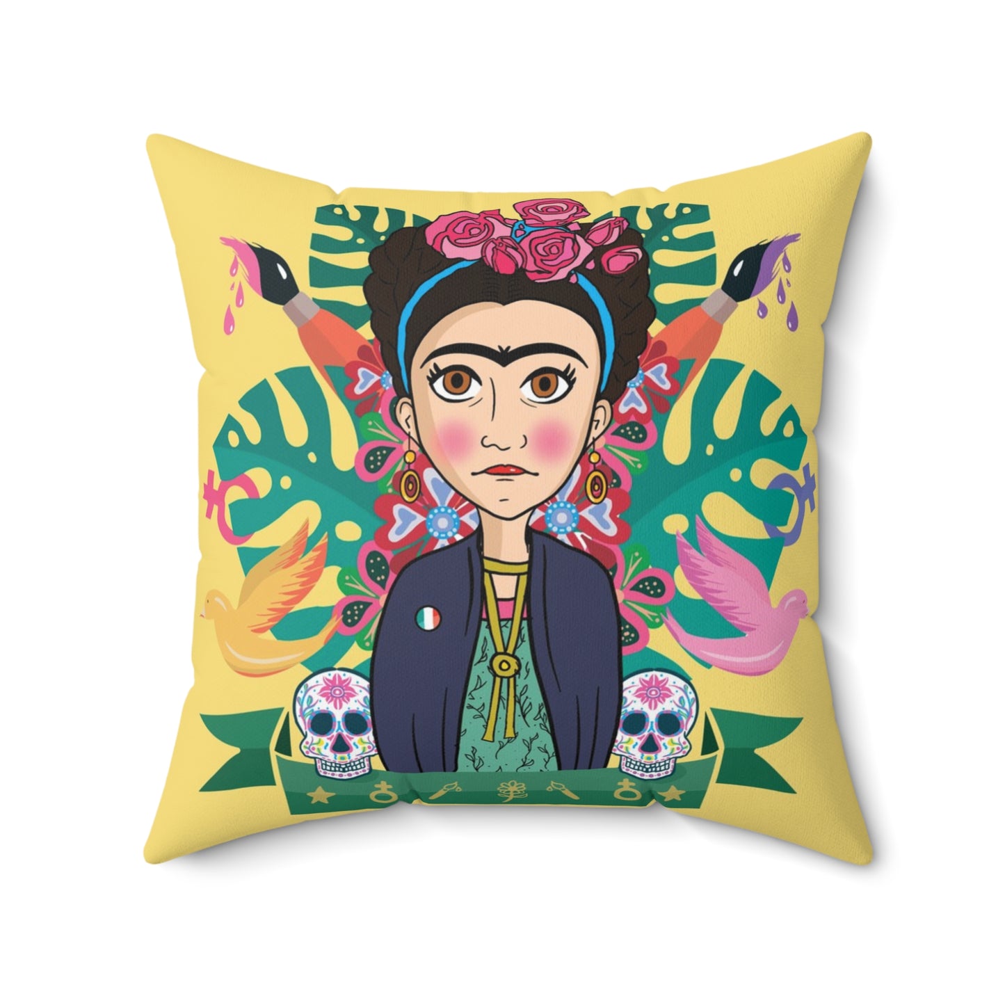 Yellow Cartoon Frida Kahlo Print Square Pillow
