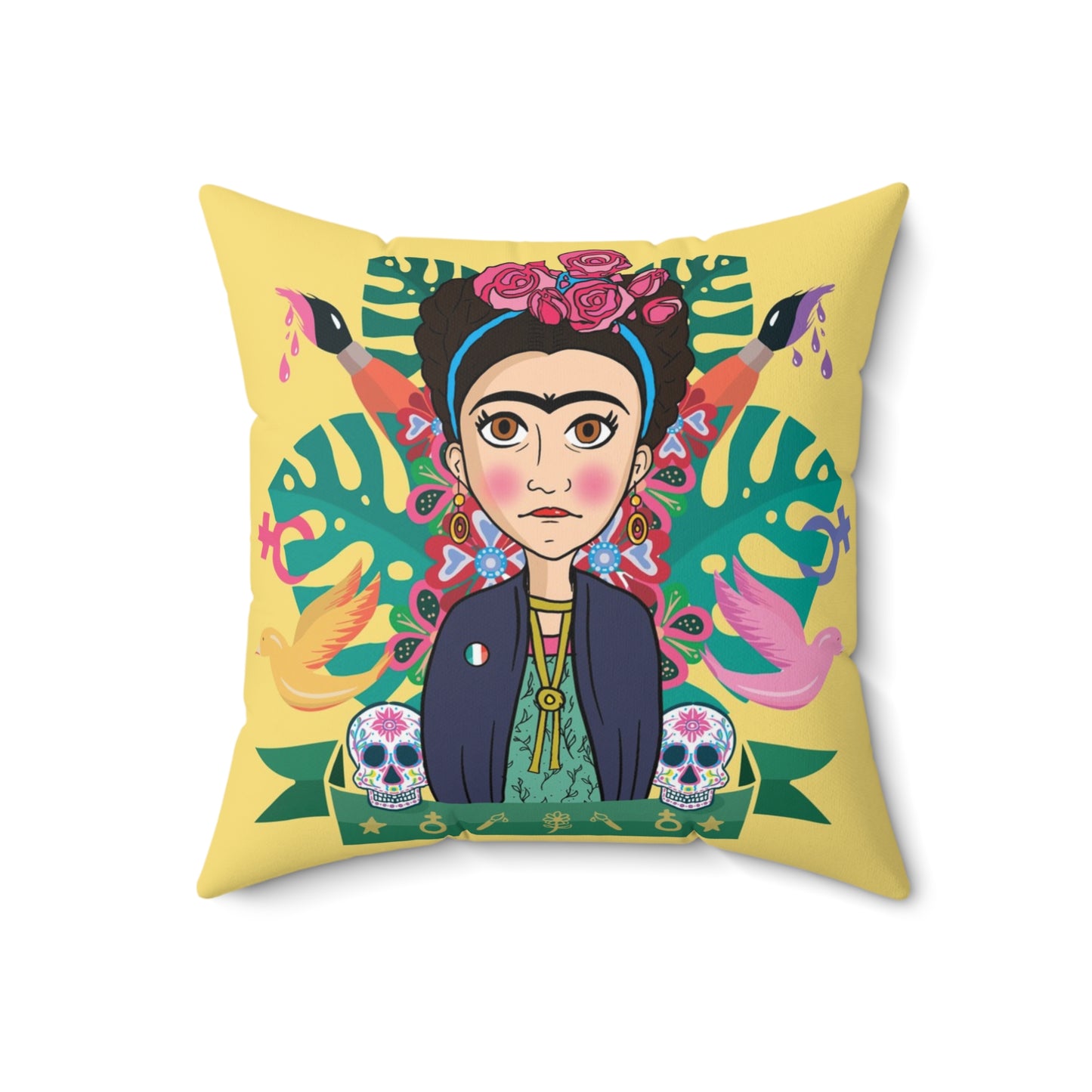 Yellow Cartoon Frida Kahlo Print Square Pillow