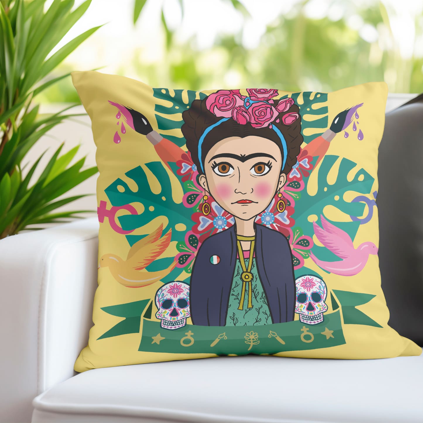 Yellow Cartoon Frida Kahlo Print Square Pillow