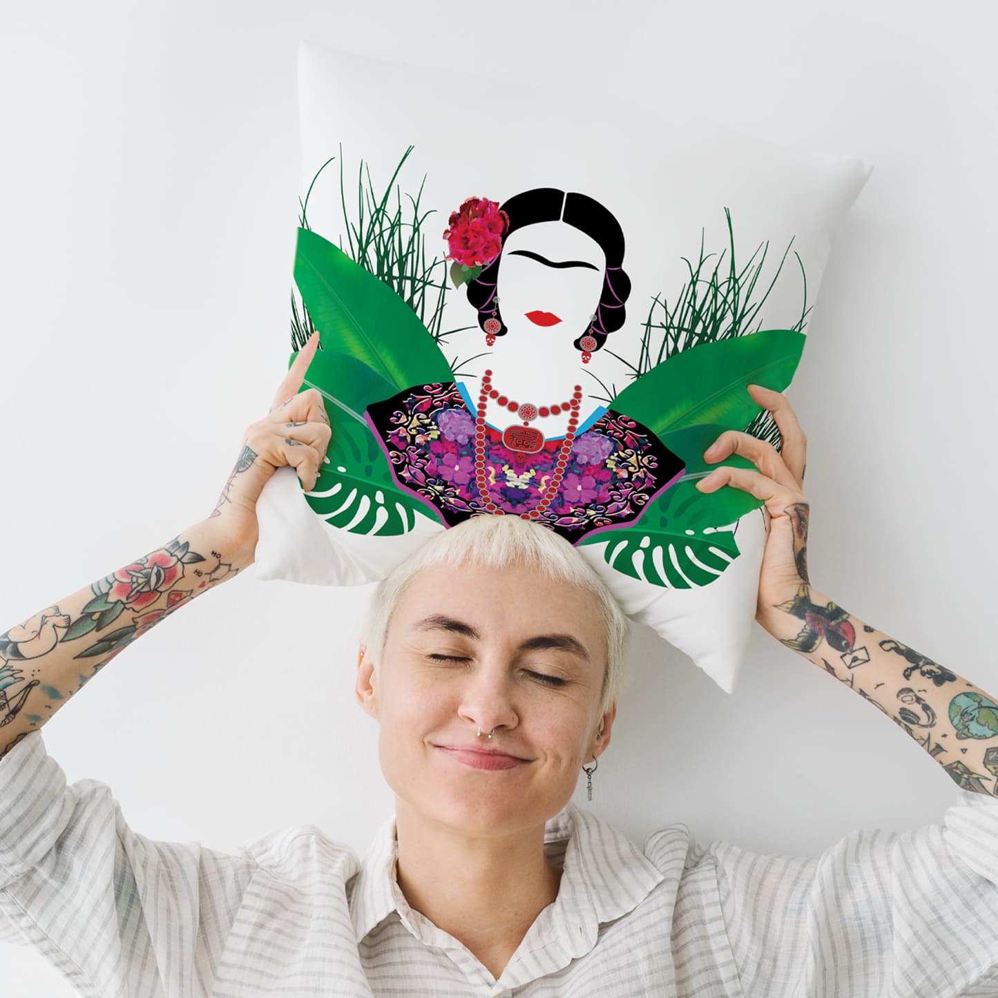 Frida with Plants White Print Square Pillow