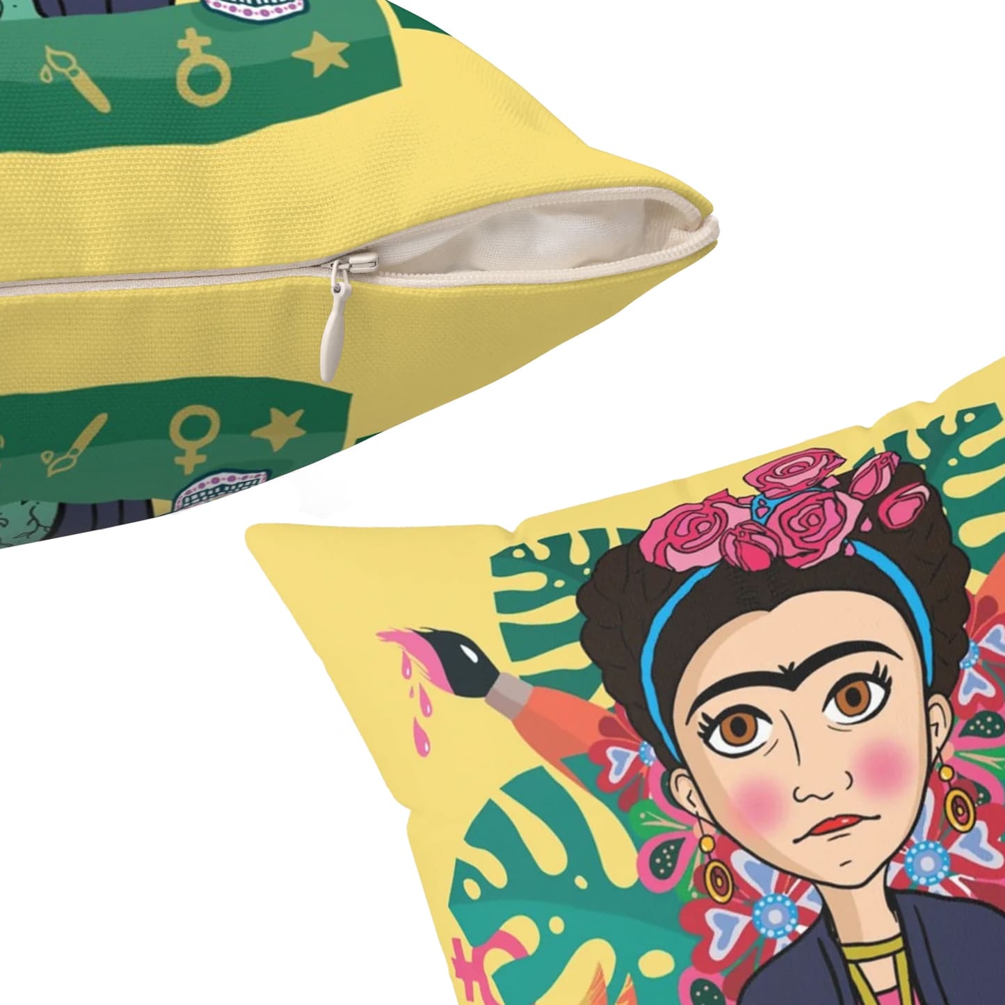 Yellow Cartoon Frida Kahlo Print Square Pillow