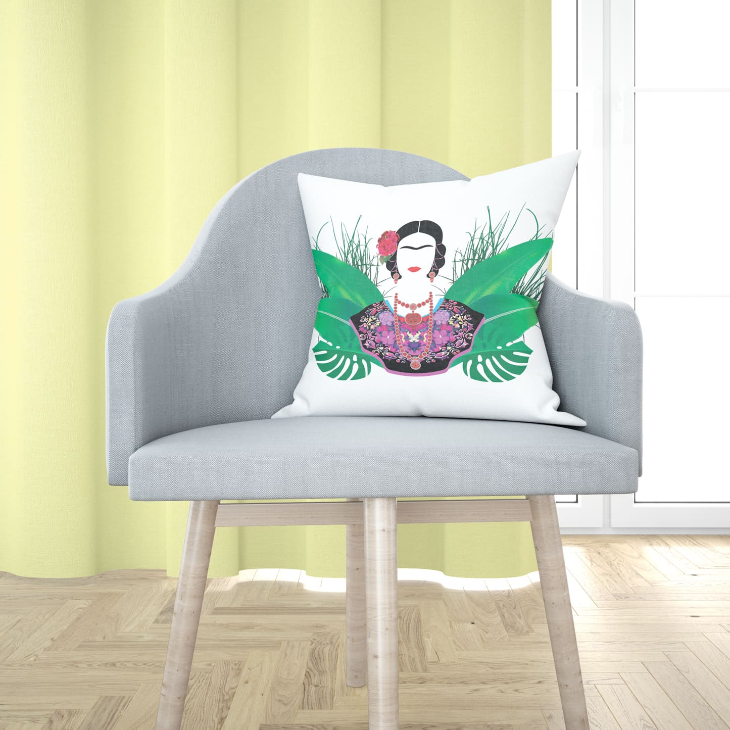 Frida with Plants White Print Square Pillow