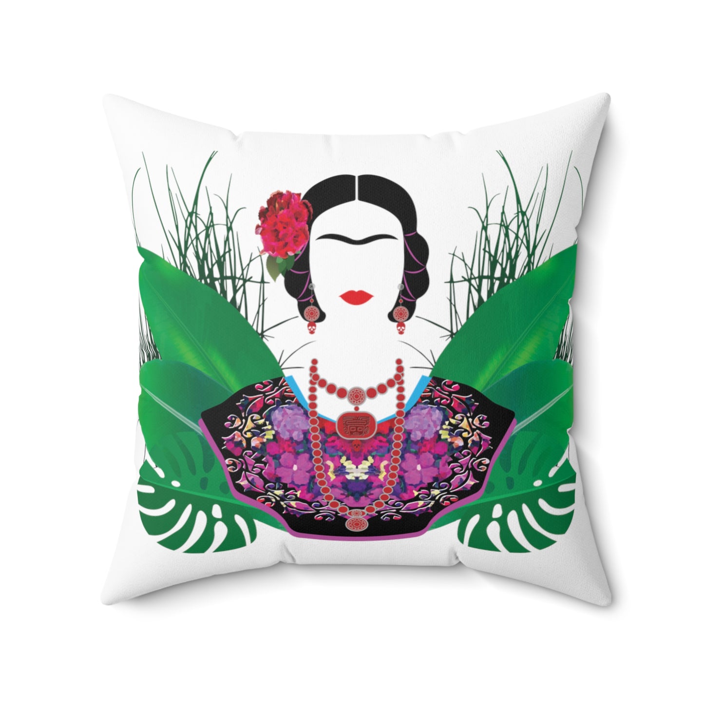 Frida with Plants White Print Square Pillow