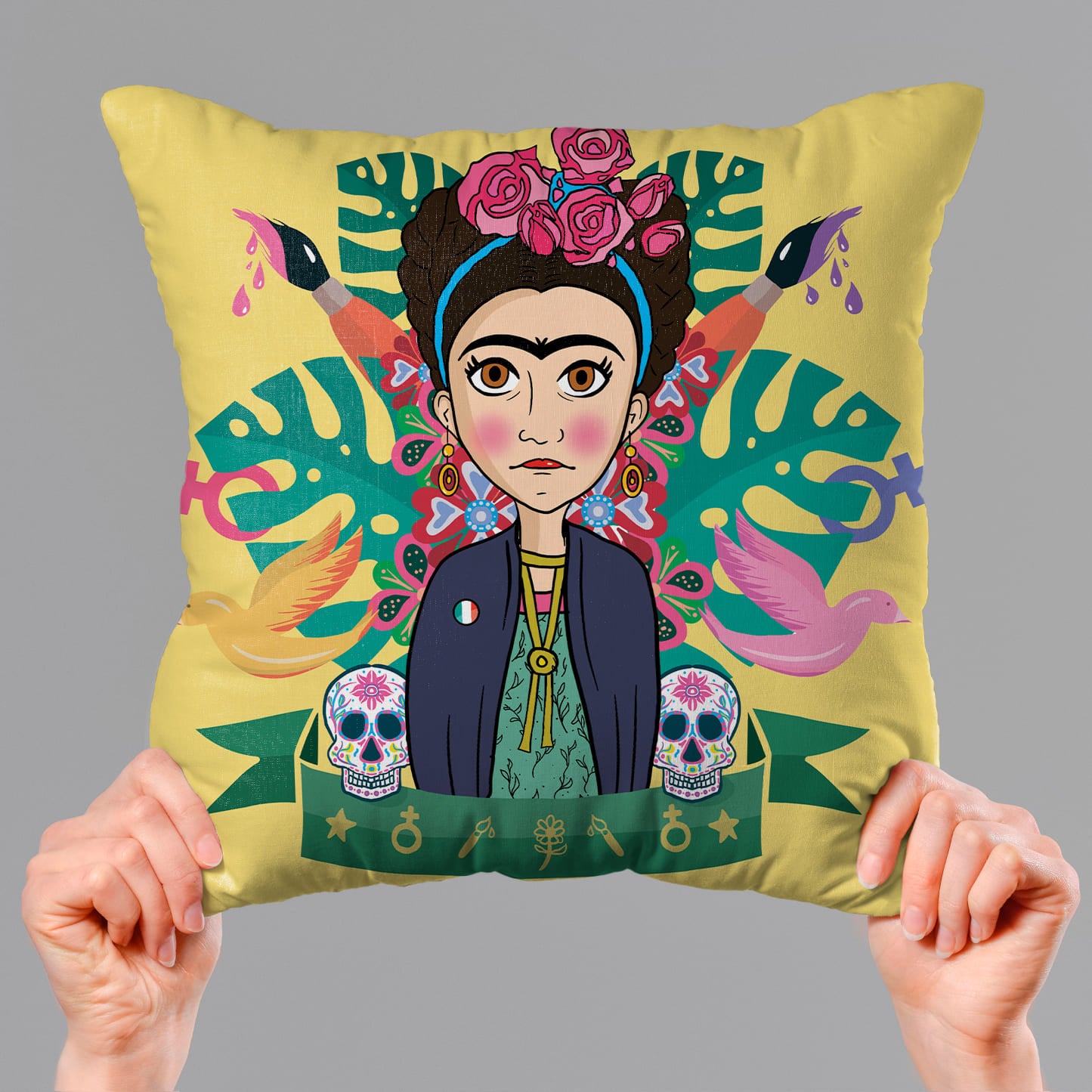 Yellow Cartoon Frida Kahlo Print Square Pillow