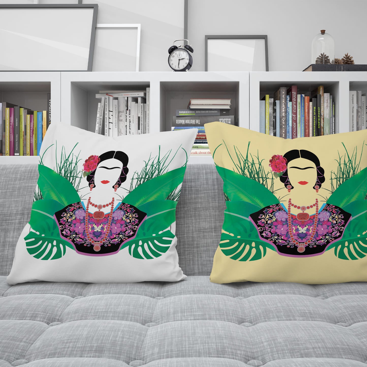 Frida with Plants White Print Square Pillow