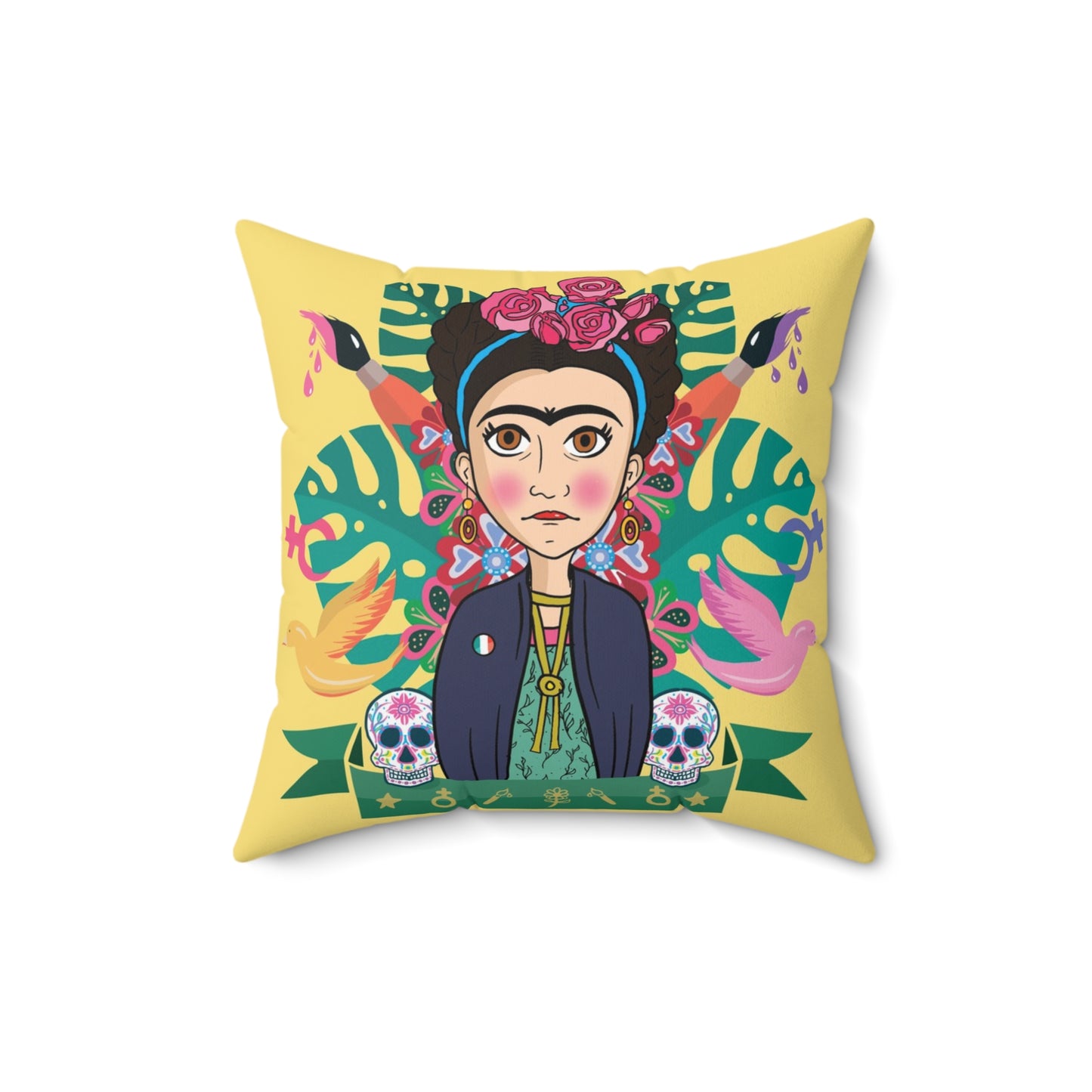 Yellow Cartoon Frida Kahlo Print Square Pillow