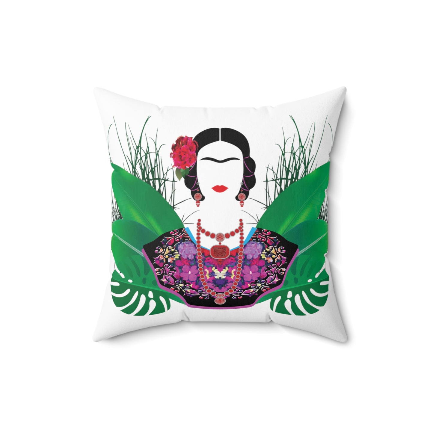 Frida with Plants White Print Square Pillow
