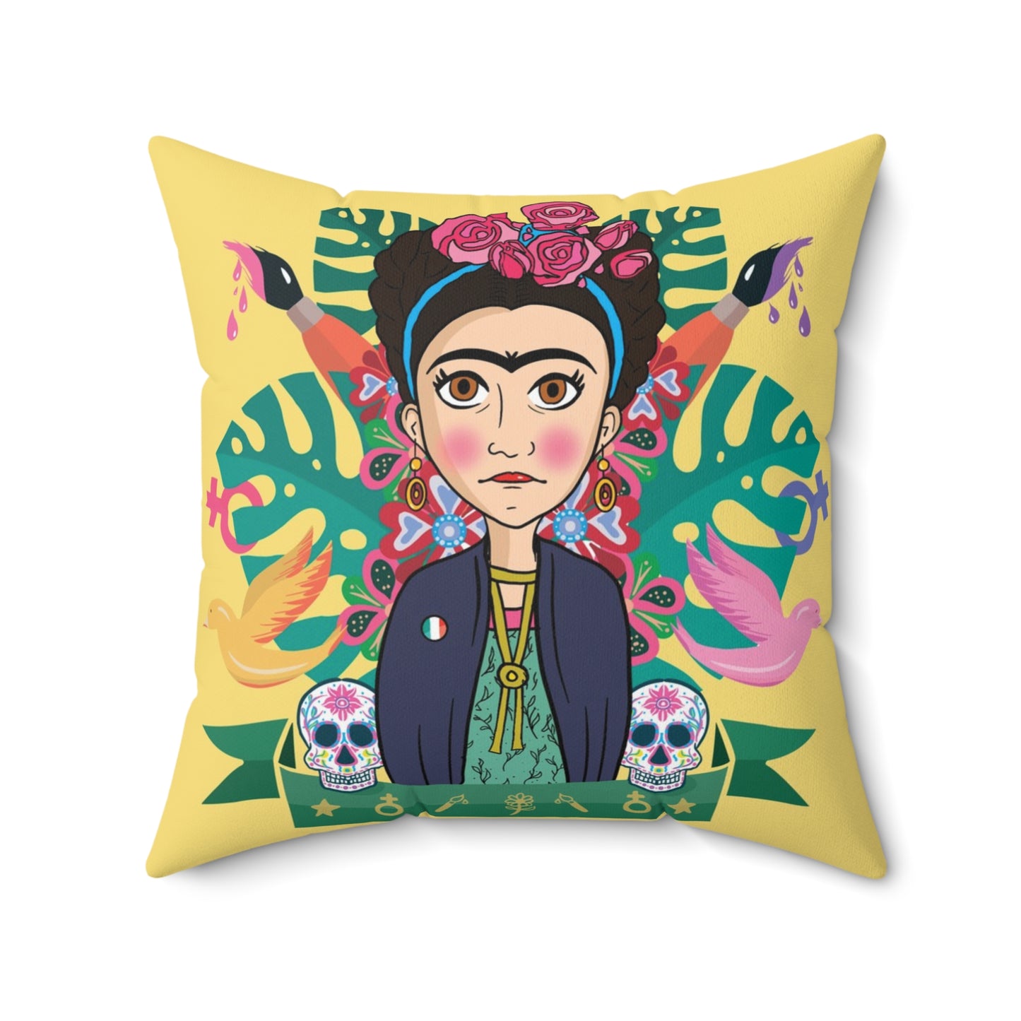 Yellow Cartoon Frida Kahlo Print Square Pillow