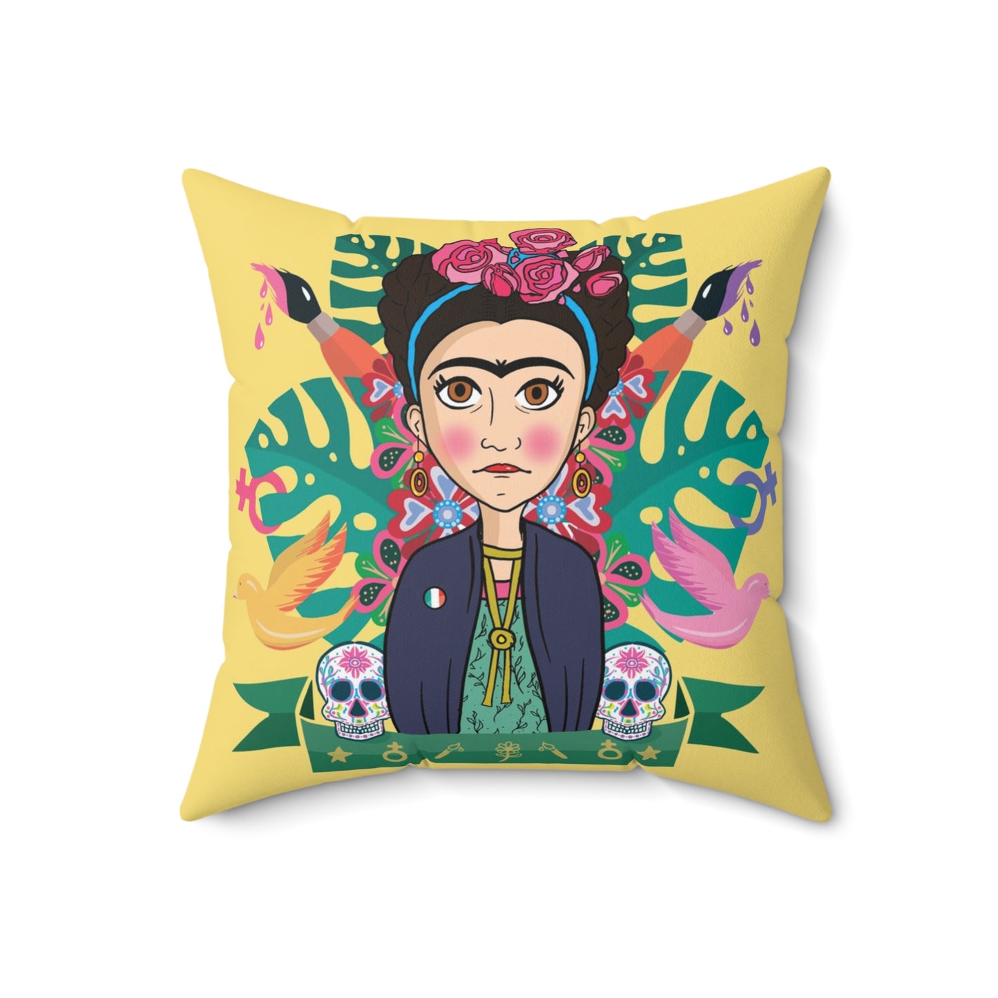 Yellow Cartoon Frida Kahlo Print Square Pillow