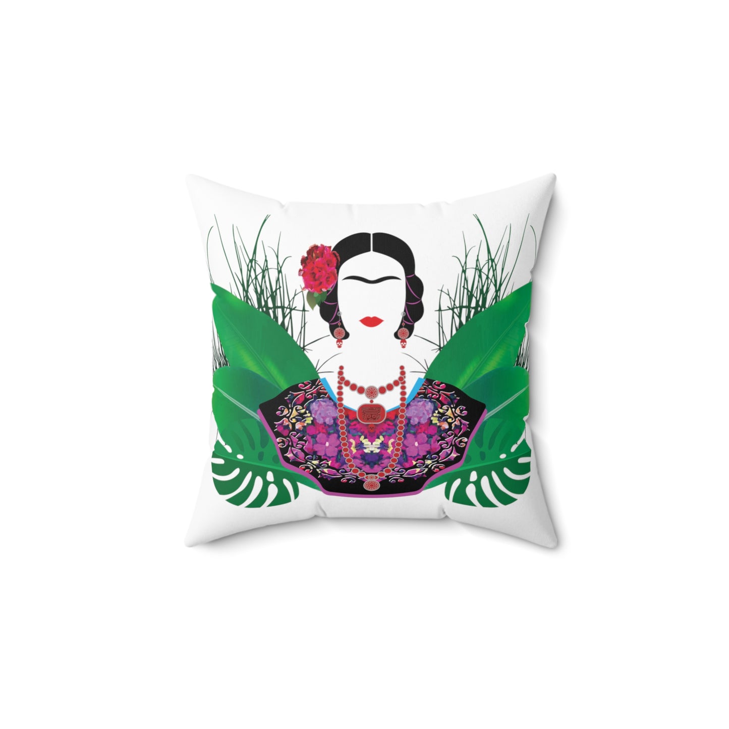 Frida with Plants White Print Square Pillow