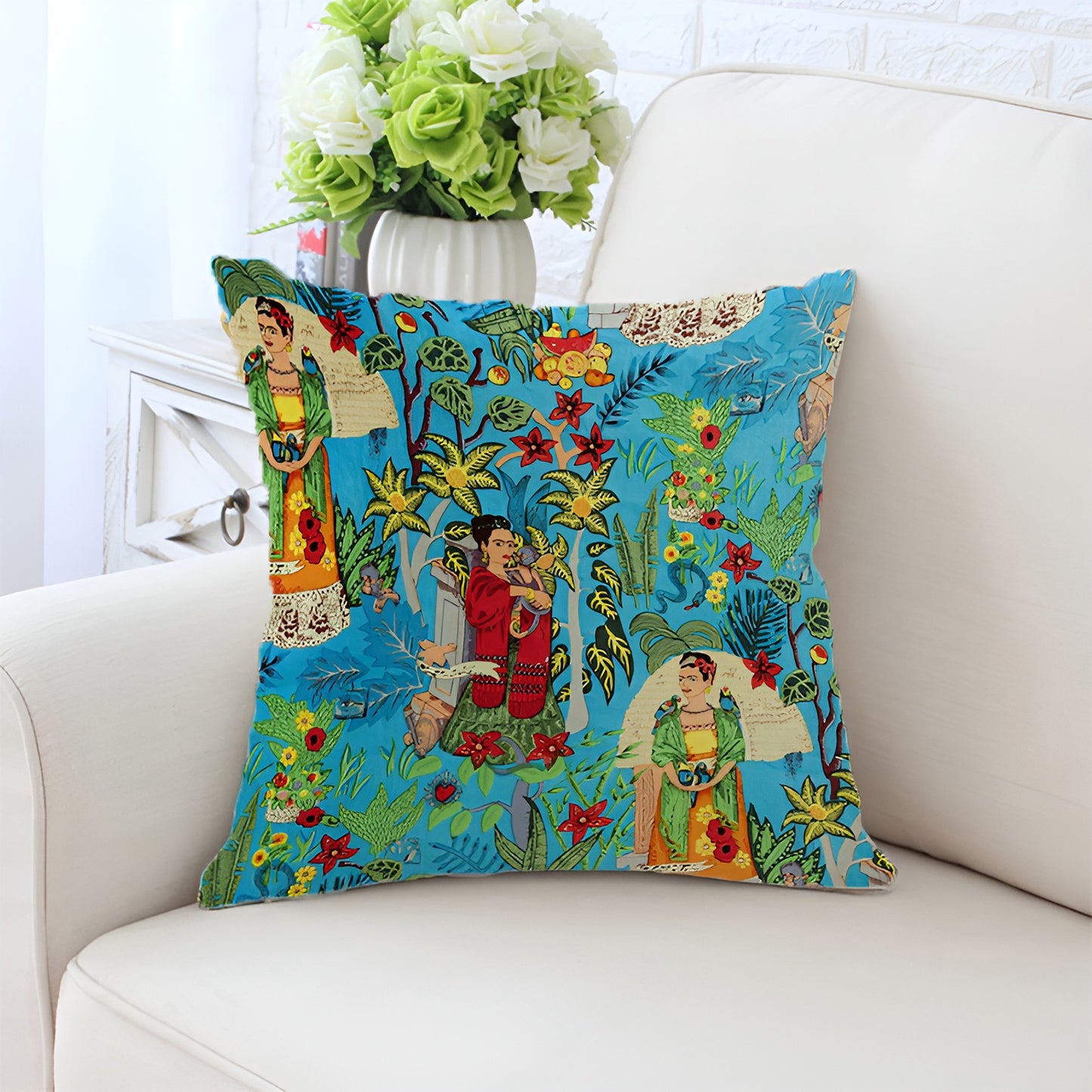 Frida Kahlo Decorative Pillowcase Cushion Cover - Turquoise Garden