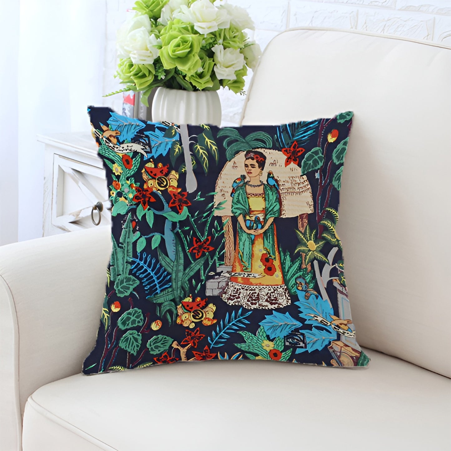Frida Kahlo Decorative Pillowcase Cushion Cover - Blue Garden