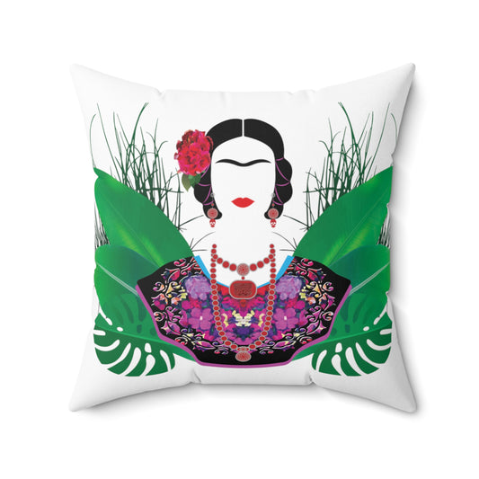 Frida with Plants White Print Square Pillow